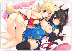 Rule 34 | 2016, 2girls, ahoge, animal ears, ass, bare legs, bare shoulders, barefoot, black gloves, black hair, black legwear, blonde hair, blue dress, blush, bow, breasts, breasts out, brown eyes, bun cover, cat ears, cat tail, china dress, chinese clothes, chiri (atlanta), cleavage cutout, clothing cutout, commentary request, covered navel, dated, double bun, dress, elbow gloves, fang, fingerless gloves, gloves, hair between eyes, hair bun, large breasts, long hair, looking at viewer, lying, meina (atlanta), multiple girls, nipples, no bra, no panties, on back, on side, open mouth, original, panties, panty pull, puffy nipples, red bow, red dress, red eyes, ribbon, sample watermark, side slit, sleeveless, sleeveless dress, small breasts, tail, tail bow, tail ornament, tail ribbon, take your pick, ten&#039;inkou korin, thighhighs, two side up, underwear, watermark, white panties, wrist ribbon