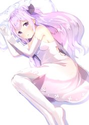Rule 34 | 1girl, absurdres, ahoge, azur lane, breasts, commentary request, dress, elbow gloves, gloves, highres, long hair, looking at viewer, lying, miki yuu, off-shoulder dress, off shoulder, pantyhose, pillow, purple eyes, purple hair, sideboob, small breasts, solo, unicorn (azur lane), white dress, white gloves, white pantyhose
