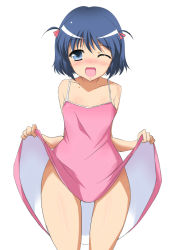 Rule 34 | 1girl, ;d, blue eyes, blue hair, blush, child, clothes lift, dress, dress lift, hip focus, lotte no omocha!, matching hair/eyes, no panties, one eye closed, open mouth, short hair, simple background, smile, solo, thick thighs, thighs, touhara asuha, tsukishiro kou, wide hips, wink