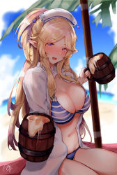 Rule 34 | 1girl, :d, alcohol, beach, beer, beer mug, bikini, blonde hair, blue bikini, blue sky, blurry, blurry background, blush, breasts, cleavage, cloud, collared shirt, cup, day, drunk, full-face blush, hat, hemachi, highres, holding, holding cup, jewelry, large breasts, long hair, long sleeves, looking at viewer, mug, navel, open mouth, outdoors, pointy ears, ponytail, princess connect!, purple eyes, shirt, signature, sitting, sky, smile, solo, striped bikini, striped clothes, swimsuit, yukari (princess connect!), yukari (summer) (princess connect!)