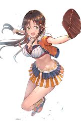 Rule 34 | 1girl, absurdres, baseball glove, belt, belt buckle, breasts, brown hair, buckle, chain, chain necklace, commentary request, cropped jacket, full body, grass, green eyes, hair ornament, hairclip, hat, highres, himekawa yuki, idolmaster, idolmaster cinderella girls, idolmaster cinderella girls starlight stage, jacket, jewelry, jumping, lace-up top, large breasts, long hair, miniskirt, navel, necklace, open clothes, open jacket, open mouth, pjkka, pleated skirt, shoes, skirt, sneakers, socks, solo, twitter username, white background, wristband