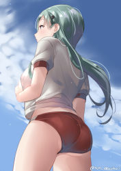 Rule 34 | 1girl, alternate costume, aqua hair, arm at side, ass, bad id, bad pixiv id, blue sky, blush, breasts, brown eyes, buruma, cloud, cowboy shot, day, from below, gym uniform, hair ornament, hairclip, hand on own chest, juurouta, kantai collection, long hair, looking away, medium breasts, outdoors, profile, shirt, short sleeves, sky, solo, standing, suzuya (kancolle), tareme, thighs, twitter username, white shirt