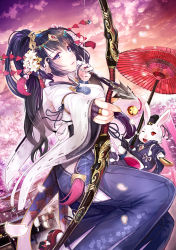 Rule 34 | 1girl, aiming, aiming at viewer, arrow (projectile), bible bullet, bilibili, black hair, blue eyes, blue hakama, bow (weapon), bridal gauntlets, cherry blossoms, drawing bow, hair between eyes, hair ornament, hakama, hakama skirt, high ponytail, highres, holding, holding arrow, holding bow (weapon), holding umbrella, holding weapon, japanese clothes, kimono, long hair, oil-paper umbrella, parted lips, rabbit, red umbrella, skirt, solo, spirtie, umbrella, very long hair, weapon, white kimono