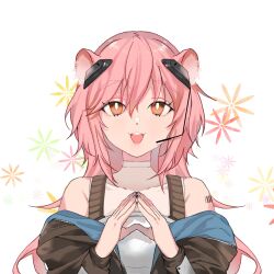 Rule 34 | 1girl, :d, animal ear fluff, animal ears, arknights, armor, bare shoulders, black jacket, breastplate, brown eyes, covered collarbone, floral background, gravel (arknights), hair between eyes, hands up, highres, jacket, looking at viewer, off shoulder, open clothes, open jacket, open mouth, pink hair, simple background, smile, solo, steepled fingers, teeth, upper body, upper teeth only, white background, yoshiga