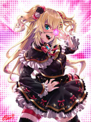 Rule 34 | 1girl, akai haato, akai haato (gothic lolita), black dress, black thighhighs, blonde hair, blue eyes, bow, buru-dai, dress, eyepatch, gothic lolita, hair bow, hair ornament, hand on own hip, heart, heart hair ornament, highres, hololive, lolita fashion, long hair, looking at viewer, nail polish, official alternate costume, open mouth, red bow, red nails, smile, teeth, thigh strap, thighhighs, two side up, upper teeth only, v, v over eye, virtual youtuber, x hair ornament