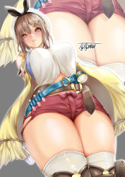Rule 34 | 1girl, arms behind back, artist name, atelier (series), atelier ryza, atelier ryza 1, belt, blue belt, bow, breasts, bridal legwear, brown belt, brown eyes, brown hair, flask, from below, hair bow, hair ornament, hairclip, highres, jacket, large breasts, leather belt, parted lips, pouch, red shorts, reisalin stout, revision, round-bottom flask, short hair, short shorts, shorts, sleeveless, sleeveless jacket, smile, thick thighs, thigh pouch, thighs, toyoman, vial, white headwear, yellow jacket