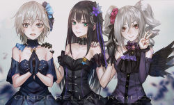 Rule 34 | 10s, 3girls, anastasia (idolmaster), bare shoulders, black dress, black gloves, black gothic dress (idolmaster), black hair, black wings, blue eyes, blush, character name, copyright name, detached collar, dress, drill hair, flower, gloves, green eyes, hair flower, hair ornament, hair ribbon, idolmaster, idolmaster cinderella girls, infukun, jewelry, kanzaki ranko, long hair, looking at viewer, multiple girls, nail polish, open mouth, project krone, red eyes, ribbon, shibuya rin, short hair, silver hair, smile, twin drills, twintails, v, wings