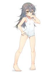 Rule 34 | 1girl, absurdres, alice gear aegis, brown eyes, flat chest, full body, gradient hair, hand on own hip, highres, long hair, looking at viewer, multicolored hair, navel, one-piece swimsuit, school swimsuit, shinonome chie, simple background, smile, solo, standing, swimsuit, white background, white one-piece swimsuit, yashin (yasinz)