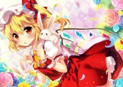 Rule 34 | 1girl, absurdres, animal, argyle, argyle background, argyle clothes, ascot, blonde hair, blue flower, blue rose, blush, bow, chestnut mouth, dress, flandre scarlet, flower, hat, hat bow, highres, huge filesize, looking at viewer, mob cap, non-web source, open mouth, petals, pink flower, pink rose, puffy short sleeves, puffy sleeves, rabbit, red dress, red eyes, riichu, rose, sash, shirt, short sleeves, side ponytail, solo, touhou, wings, wrist cuffs, yellow flower, yellow rose