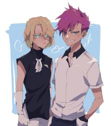 Rule 34 | ..., 2boys, aged down, arm at side, bazz-b, black shirt, bleach, bleach: sennen kessen-hen, blonde hair, blush, closed mouth, colored eyelashes, commentary request, eyes visible through hair, gloves, green eyes, grin, hair between eyes, hand in pocket, highres, jitome, jugram haschwalth, looking at viewer, male focus, multiple boys, nose, ovasayuri, pink hair, puff of air, shirt, short hair, short sleeves, sleeveless, sleeveless shirt, smile, sparkle, spiked hair, spoken ellipsis, sweatdrop, tsurime, twitter username, v-shaped eyebrows, white gloves, white shirt