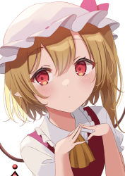 Rule 34 | 1girl, :/, ascot, blonde hair, closed mouth, crystal, flandre scarlet, hat, hat ribbon, highres, kamachi (kamati0maru), looking at viewer, mob cap, one side up, own hands together, red eyes, red ribbon, ribbon, simple background, solo, touhou, upper body, white background, white hat, wings, yellow ascot
