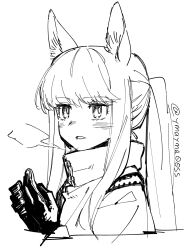 Rule 34 | 1girl, animal ears, arknights, blush, breath, gloves, greyscale, hand up, highres, horse ears, horse girl, jacket, looking at viewer, monochrome, open mouth, platinum (arknights), ponytail, portrait, simple background, solo, twitter username, white background, yom (ymayma00ss)