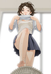 Rule 34 | 1girl, ;o, bare legs, barefoot, blue skirt, blurry, blurry background, brown hair, clothes lift, electric fan, floating hair, indoors, lifted by self, looking at object, mattaku mousuke, one eye closed, original, pleated skirt, shirt lift, skirt, soles, sweatdrop, tank top, toes, white tank top