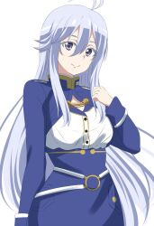Rule 34 | 1girl, 86 -eightysix-, ahoge, antenna hair, belt, blue jacket, blue skirt, breasts, clenched hand, closed mouth, dars (recolors), grey eyes, grey hair, hand up, highres, jacket, long hair, military uniform, o-ring, o-ring belt, simple background, skirt, smile, solo, uniform, upper body, very long hair, vladilena millize, white background, white belt