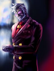 Rule 34 | 1boy, ace attorney, beard, blurry, blurry background, clapping, damon gant, facial hair, formal, grin, highres, indoors, kureikyo1031, long sleeves, looking at viewer, male focus, old, old man, smile, solo, standing, suit, tinted eyewear, white hair