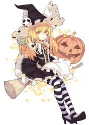 Rule 34 | 1girl, blonde hair, bow, braid, broom, broom riding, candy, drawing on another&#039;s face, food, hair bow, halloween, hat, hat bow, high heels, jack-o&#039;-lantern, kirisame marisa, rain lan, side braid, sidesaddle, socks, solo, striped clothes, striped socks, striped thighhighs, thighhighs, touhou, witch hat, yellow eyes