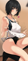 Rule 34 | 1girl, absurdres, amagami, apron, apron lift, black hair, black socks, brown eyes, clothes lift, competition swimsuit, heart, highres, looking at viewer, nanasaki ai, one-piece swimsuit, one-piece thong, short hair, signature, socks, solo, squatting, swimsuit, thighs, white apron, yoo tenchi