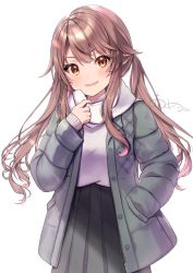Rule 34 | 1girl, ameshizuku natsuki, blush, long hair, looking at viewer, open mouth, original, scarf, simple background, skirt, smile, solo, swept bangs, twintails, white background, winter clothes