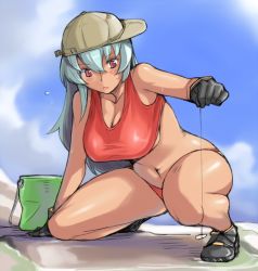 Rule 34 | 00s, 1girl, arm support, bikini, blush, breasts, bucket, cloud, day, gloves, hat, kneeling, large breasts, long hair, aged up, red eyes, rozen maiden, silver hair, sky, solo, suigintou, sweat, swimsuit, tan, tsuda nanafushi