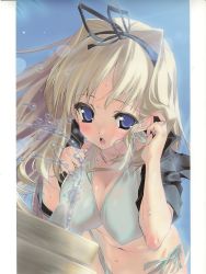 Rule 34 | 00s, 1girl, adjusting hair, bent over, bikini, blonde hair, blue eyes, blush, breasts, cleavage, covered erect nipples, drinking, hair ribbon, hanging breasts, jacket, kusugawa sasara, large breasts, leaning forward, long hair, looking at viewer, open clothes, open jacket, open mouth, ribbon, side-tie bikini bottom, solo, swimsuit, to heart (series), to heart 2, urotan, water, wet, wind