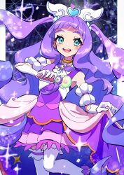 Rule 34 | 1girl, aqua eyes, brooch, commentary, cure majesty, detached sleeves, dress, earclip, elbow gloves, ellee-chan, frilled thighhighs, frills, gloves, half-dress, highres, hirogaru sky! precure, holding, jewelry, layered skirt, long hair, looking at viewer, magical girl, medium dress, miniskirt, minogi1029, open mouth, outside border, precure, puffy detached sleeves, puffy sleeves, purple dress, purple hair, purple skirt, skirt, skirt hold, sky mirage, sleeveless, sleeveless dress, smile, solo, sparkle, standing, thighhighs, two side up, very long hair, white gloves, white thighhighs, wing brooch, wing hair ornament