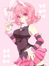 Rule 34 | 1girl, animal ears, arm warmers, bow, rabbit ears, rabbit tail, hand in own hair, hand on own hip, hunter x hunter, miniskirt, momochiko, pink eyes, pink hair, pink skirt, piyon, piyon (hunter x hunter), pleated skirt, rabbit girl, short hair, skirt, solo, striped, tail, thighhighs