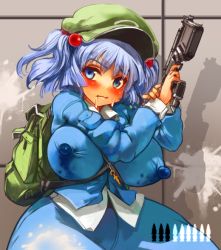 Rule 34 | 1girl, aqua eyes, aqua hair, between breasts, blush, breasts, covered erect nipples, face, female focus, gun, hat, hip focus, huge breasts, huge nipples, kawashiro nitori, lactation, lactation through clothes, sachito, solo, touhou, twintails, two side up, weapon, wide hips