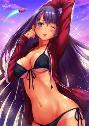 Rule 34 | 1girl, ;p, arm up, bikini, bikini tan, black bikini, blue eyes, blue sky, blush, breasts, choker, cleavage, cloud, collarbone, commentary request, cowboy shot, cross, earrings, evening, fate/grand order, fate (series), front-tie bikini top, front-tie top, groin, hand in own hair, hand on own head, head tilt, highres, hip focus, jacket, jewelry, large breasts, light particles, long hair, looking at viewer, martha (fate), martha (swimsuit ruler) (fate), martha (swimsuit ruler) (second ascension) (fate), navel, one eye closed, open clothes, open jacket, purple hair, red jacket, sakiyamama, side-tie bikini bottom, sidelocks, signature, sky, smile, solo, sparkle, stomach, swimsuit, tan, tanline, toned, tongue, tongue out, water, waves, white bikini