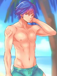 Rule 34 | 1boy, abs, beach, blue hair, chrom (fire emblem), fire emblem, male focus, muscular, nintendo, outdoors, pectorals, topless male, solo, summer, tanakasibainu