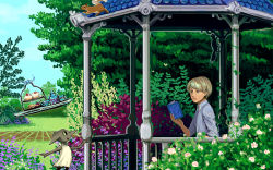 Rule 34 | 1boy, arbour, blonde hair, blue eyes, book, bug, butterfly, cupcake, day, dobby, draco malfoy, floating, floating object, flower, food, garden, harry potter (series), insect, male focus, mine no.6, nature, open book, outdoors, path, plant, reading, road, rose, shirt, short hair, sitting, sky, squirrel, stripe, sweets, tea, tray, tree, wizarding world