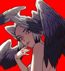 Rule 34 | 1girl, breasts, closed mouth, completely nude, feathered wings, grey hair, grey wings, hand to own mouth, hand up, head wings, highres, looking at viewer, looking back, multiple wings, nude, original, red background, short hair, simple background, small breasts, upper body, wings, yellow eyes, zero808w