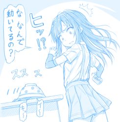 Rule 34 | 1girl, 1other, ^^^, arm warmers, asashio (kancolle), blue theme, cowboy shot, cup, gotou hisashi, holding, holding cup, i-class destroyer, kantai collection, kuchiku i-kyuu, long hair, monochrome, open mouth, pleated skirt, shirt, short sleeves, skirt, speech bubble, surprised, suspender skirt, suspenders, translation request