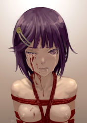 Rule 34 | 1girl, as109, bad id, bad pixiv id, bdsm, blood, bondage, bound, breast bondage, breasts, eye fucked, hair ornament, hairclip, humiliation, injury, looking at viewer, nipples, nude, open mouth, original, portrait, purple eyes, purple hair, rope, shibari, short hair, small breasts, solo, tears