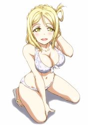 Rule 34 | 1girl, :d, bikini, blonde hair, blush, breasts, cleavage, collarbone, full body, hand in own hair, highres, kneeling, large breasts, long hair, looking at viewer, love live!, love live! sunshine!!, nakamura kou, navel, ohara mari, open mouth, simple background, sketch, smile, solo, swimsuit, white background, white bikini, yellow eyes