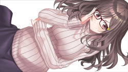 Rule 34 | 1girl, adjusting eyewear, black skirt, breasts, brown hair, brown sweater, closed mouth, commentary request, dutch angle, glasses, glint, hand up, idolmaster, idolmaster shiny colors, long hair, long sleeves, medium breasts, o (rakkasei), puffy long sleeves, puffy sleeves, red-framed eyewear, red eyes, ribbed sweater, simple background, skirt, sleeves past wrists, smile, solo, sweater, tsukioka kogane, turtleneck, turtleneck sweater, white background