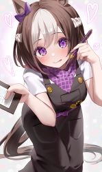 Rule 34 | 1girl, :p, absurdres, animal ears, blush, bow, braid, brown hair, commentary request, cygames, ear ribbon, grey background, heart, highres, holding, holding pen, horse ears, horse girl, horse tail, looking at viewer, multicolored hair, ningen mame, pen, purple ribbon, ribbon, short hair, short sleeves, solo, special week (umamusume), streaked hair, tail, tongue, tongue out, umamusume, white hair