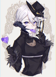 Rule 34 | 1girl, asymmetrical hair, au ra, biting, black gloves, black hat, black jacket, black ribbon, breasts, candy, chromatic aberration, cropped jacket, cropped torso, facial mark, feather-trimmed sleeves, feather trim, final fantasy, final fantasy xiv, fishnets, food, food in mouth, frills, gloves, grey hair, hair between eyes, hair ornament, hair over one eye, hairclip, hands up, hat, hat ribbon, heart, highres, horns, jacket, lollipop, long sleeves, looking at viewer, motsuni (lxxe1120), purple eyes, ribbon, scales, short hair, solo, warrior of light (ff14)