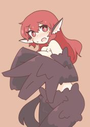 Rule 34 | 1girl, animal ears, big o pants, bird ears, bird legs, bird tail, black feathers, black wings, blush, blush stickers, breasts, bright pupils, brown background, commentary request, covering breasts, covering privates, feathers, fio-chan (big o pants), harpy, highres, large breasts, long hair, looking at viewer, monster girl, nude, open mouth, original, red eyes, red hair, solo, tail, white pupils, winged arms, wings