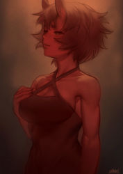Rule 34 | 1girl, bare arms, bare shoulders, breasts, cleavage, colored skin, criss-cross halter, dress, halterneck, horns, kidouko (zakusi), large breasts, oni, original, parted lips, red oni, red skin, short hair, signature, slit pupils, solo, symbol-only commentary, upper body, yellow eyes, zakusi
