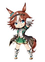 Rule 34 | 1girl, animal ears, bamboo memory (umamusume), black jacket, black shorts, black socks, blue eyes, blush, boots, brown hair, chibi, clenched hand, collared shirt, dress shirt, gloves, green skirt, grey shirt, grin, hair between eyes, head tilt, highres, horse ears, horse girl, horse tail, jacket, kuena, looking at viewer, multicolored hair, open clothes, open jacket, outstretched arm, pleated skirt, shirt, shorts, shorts under skirt, simple background, skirt, smile, socks, solo, tail, two-tone hair, umamusume, vest, white background, white footwear, white gloves, white hair, white vest