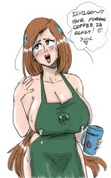 Rule 34 | 1girl, apron, bleach, breasts, english text, highres, huge breasts, iced latte with breast milk (meme), inoue orihime, long hair, meme, meme attire, naked apron, solo, starbucks