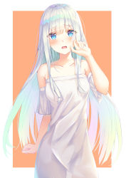Rule 34 | 1girl, absurdres, arm at side, blue eyes, blush, border, breasts, collarbone, commentary request, cowboy shot, detached sleeves, dress, hand up, highres, kokose, long hair, medium breasts, orange background, original, outside border, short hair, short sleeves, sidelocks, silver hair, simple background, solo, straight hair, strapless, strapless dress, very long hair, white border, white dress