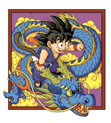 Rule 34 | 1boy, :d, animal, black eyes, black footwear, black hair, border, clenched hand, cloud, collarbone, dougi, dragon, dragon ball, dragon ball (classic), dragon riding, facing viewer, fingernails, floating hair, full body, green eyes, happy, highres, horns, looking afar, male focus, monkey tail, ruyi jingu bang, open mouth, outside border, outstretched hand, purple background, riding, shaded face, sharp teeth, shoes, simple background, smile, son goku, spiked hair, standing, tail, teeth, toriyama akira (style), wangsen578, weapon, whiskers, white border, wristband