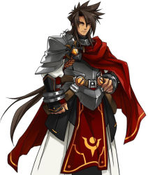 Rule 34 | 1boy, armor, artist request, black hair, cape, elsword, expressionless, gloves, long hair, male focus, official art, parted bangs, penensio (elsword), red cape, solo, spiked hair, tabard, white background, yellow eyes