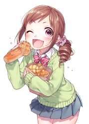Rule 34 | 1girl, blush, bow, bread, brown hair, dot nose, drill hair, eating, fang, food, green sweater, grey skirt, hair ornament, hair scrunchie, highres, holding, holding food, idolmaster, idolmaster cinderella girls, idolmaster cinderella girls starlight stage, long hair, long sleeves, looking at viewer, ohara michiru, one eye closed, open mouth, pink eyes, pink scrunchie, pleated skirt, ponytail, red ribbon, ribbon, rojiko, scrunchie, shirt, simple background, skirt, sleeves past fingers, sleeves past wrists, smile, solo, striped ribbon, sweater, white background, white shirt