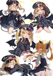 Rule 34 | 1girl, absurdres, black dress, black headwear, black horns, black tail, black wings, blonde hair, blue archive, blush, closed eyes, collared shirt, commentary request, delfino, demon horns, demon tail, demon wings, dress, fang, frilled dress, frills, halo, hat, highres, horns, ibuki (blue archive), long hair, looking at viewer, multiple views, peaked cap, pinafore dress, pointy ears, shirt, short sleeves, side ponytail, simple background, sleeveless, sleeveless dress, sleeves past fingers, sleeves past wrists, tail, white background, white shirt, wings, yellow eyes, yellow halo