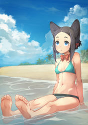 Rule 34 | 1girl, animal ear fluff, animal ears, arm support, bare arms, bare legs, bare shoulders, barefoot, beach, bikini, bikini bottom only, black hair, blue bikini, blue eyes, blue sky, bow, breasts, cloud, cloudy sky, collarbone, commentary request, copyright request, day, forehead, hair bow, highres, medium breasts, navel, outdoors, palm tree, parted bangs, polka dot, polka dot bow, red bow, sand, shallow water, sidelocks, sitting, sky, soles, solo, striped bikini, striped bikini bottom, striped clothes, swimsuit, toenails, tree, water, yunar