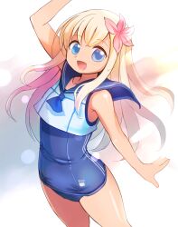 Rule 34 | 1girl, :d, arm up, blonde hair, blue eyes, blue one-piece swimsuit, blue sailor collar, blush, commentary request, crop top, emurin, feet out of frame, flat chest, flower, hair flower, hair ornament, highres, kantai collection, long hair, looking at viewer, one-piece swimsuit, open mouth, pink flower, ro-500 (kancolle), sailor collar, school swimsuit, shiny skin, shirt, smile, solo, swimsuit, swimsuit under clothes, white shirt