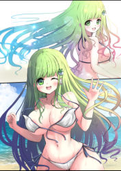 Rule 34 | 1girl, absurdres, beach, bikini, breasts, commission, day, frog hair ornament, green eyes, green hair, hair ornament, hair tubes, highres, kochiya sanae, large breasts, long hair, ocean, outdoors, pixiv commission, simple background, snake hair ornament, solo, swimsuit, tomo (uguisu-tei), touhou, undone bra, very long hair, white background