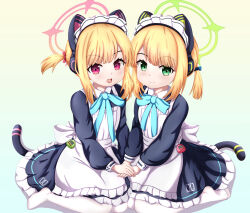 Rule 34 | 2girls, :d, absurdres, alternate costume, animal ear headphones, animal ears, aqua bow, aqua bowtie, blonde hair, blue archive, blunt bangs, bow, bowtie, cat ear headphones, cat tail, commentary request, fake animal ears, fake tail, green eyes, hair bow, hair ribbon, halo, headphones, highres, holding hands, long sleeves, looking at viewer, maid, maid headdress, midori (blue archive), midori (maid) (blue archive), momoi (blue archive), momoi (maid) (blue archive), multiple girls, no shoes, official alternate costume, official alternate hairstyle, open mouth, pantyhose, parted bangs, purple eyes, ribbon, short hair, siblings, sidelocks, simple background, sisters, sitting, smile, tail, tamagotchi, twins, uro30, wariza, white pantyhose